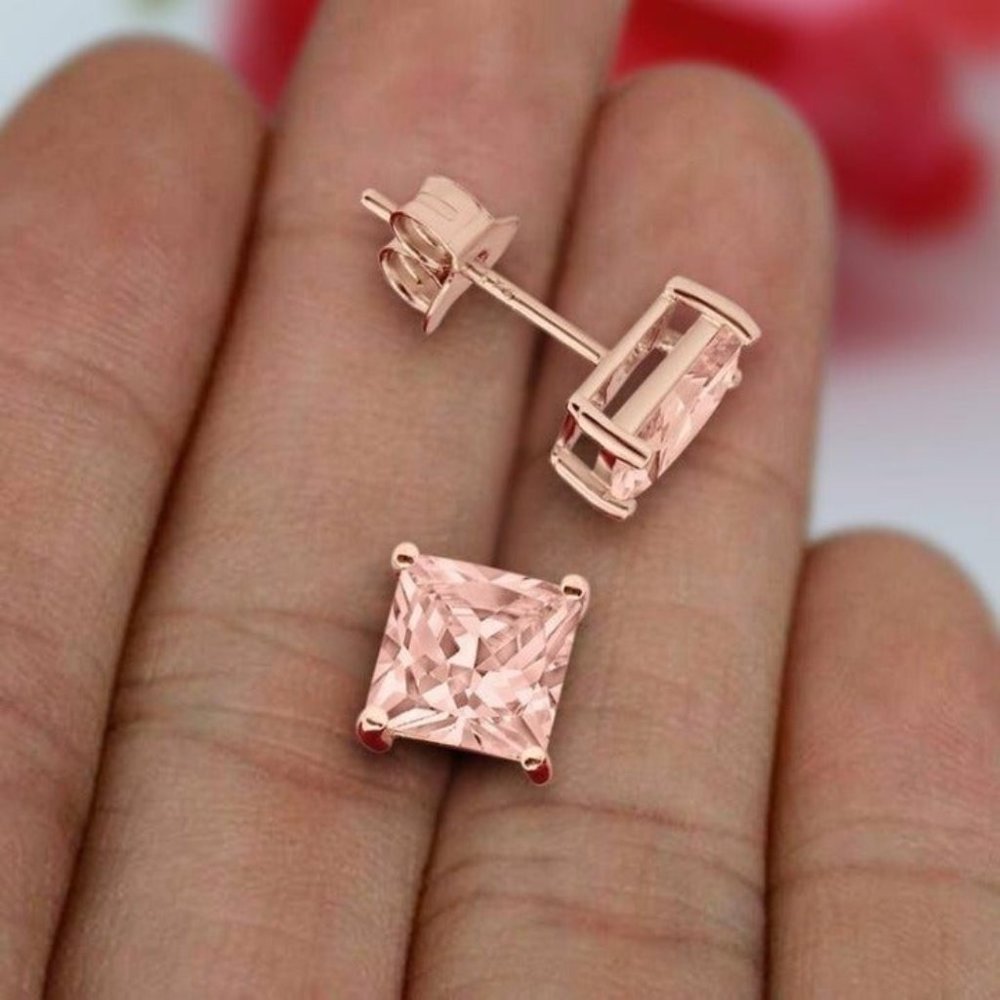 18k Rose Gold 6mm Morganite Princess Cut Stus Earrings!!!!